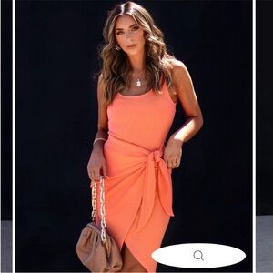 Chic Tangerine Ribbed Front Tie Midi Dress